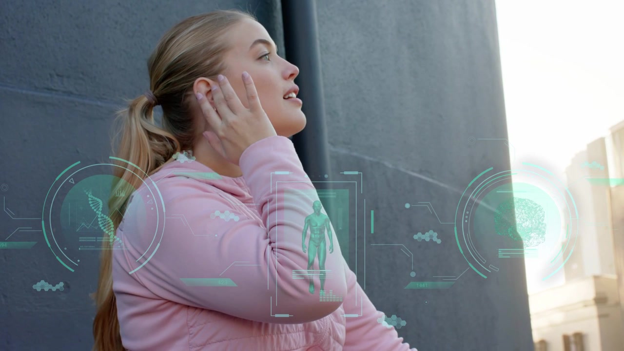 Vertical video: Woman tapping watch on roof AR health HUD showing vitals adjusting earbud listening