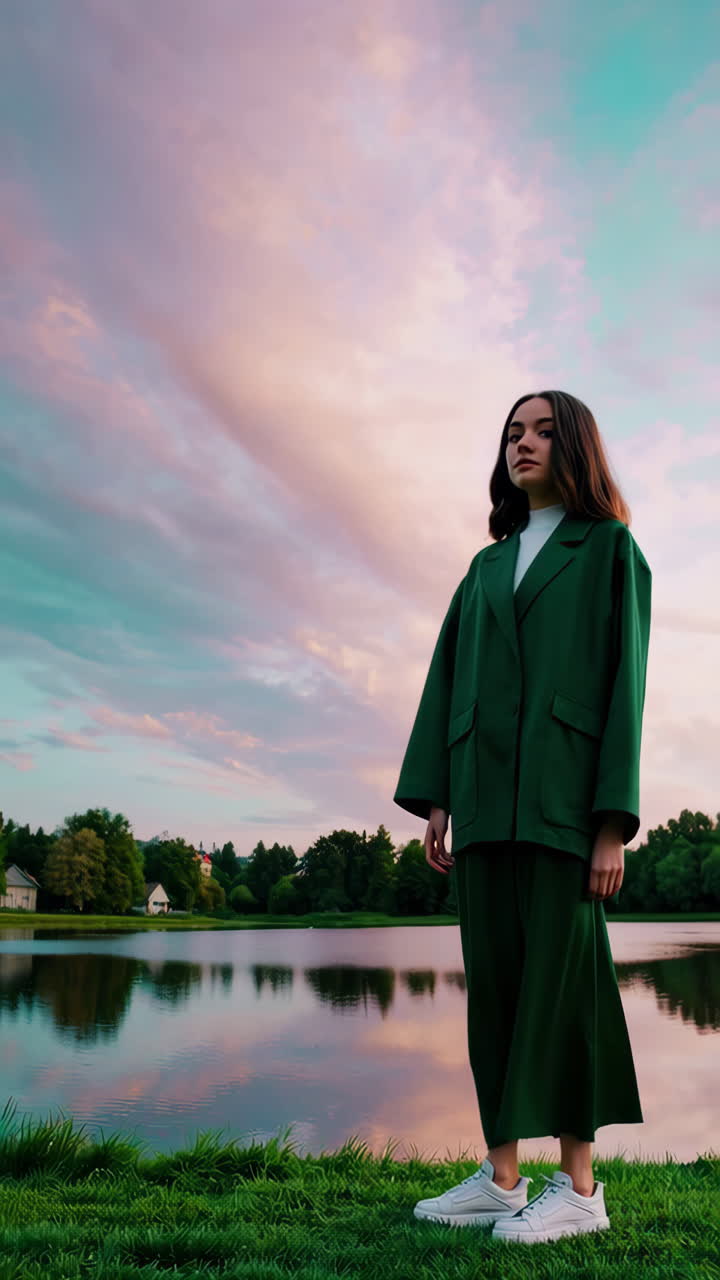 Person in green suit and white sneakers standing by a lake at sunset