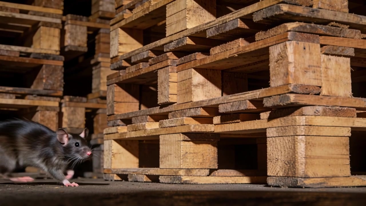 Un ratto scuro emerge dall'ombra a destra cercando cibo sul pavimento di cemento, passando accanto a pallet di legno impilati.