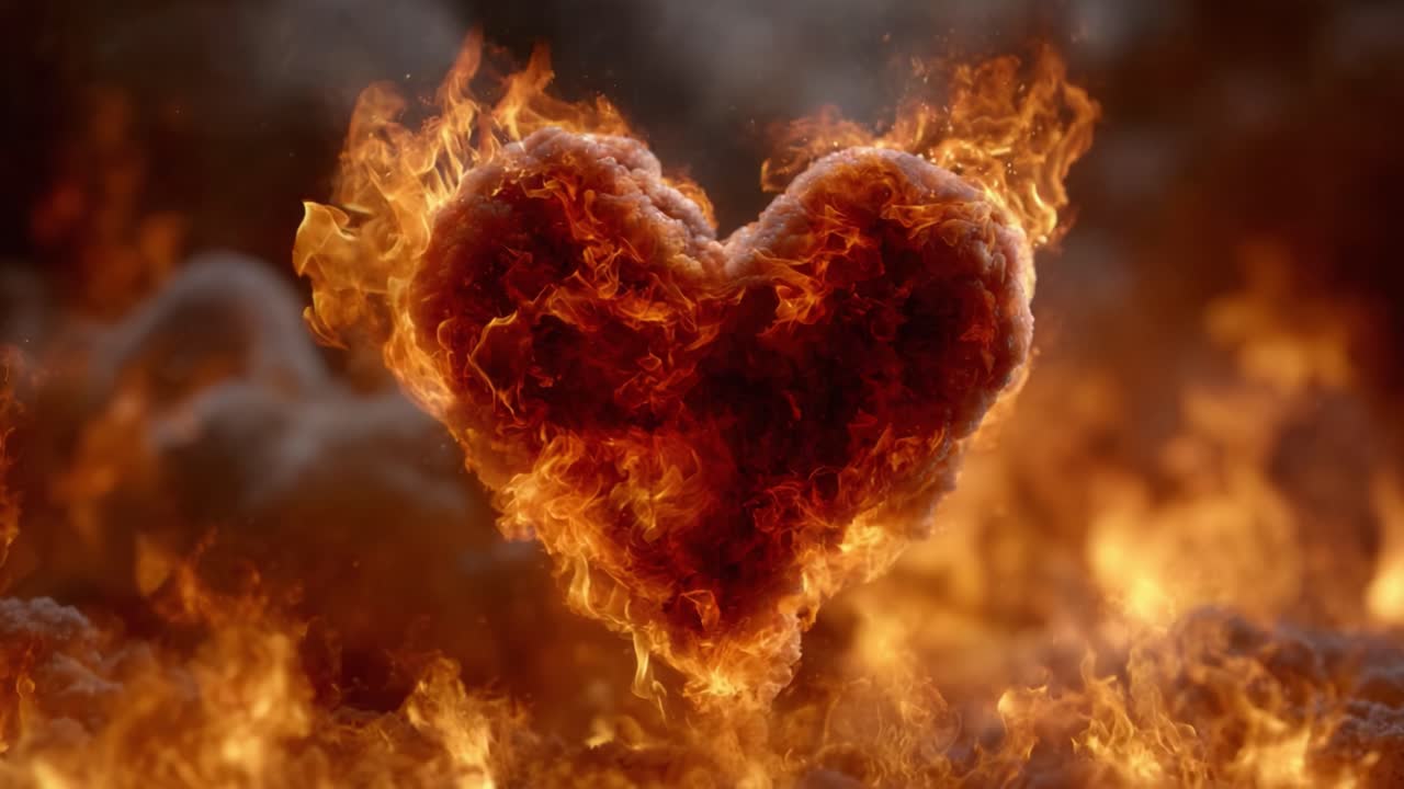 A flaming heart surrounded by intense heat and vivid flames, creating a striking visual representation of passion and emotion in a blazing inferno