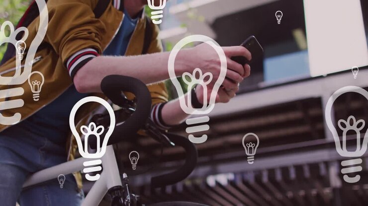 Animation of light bulb icons and data processing over african american albino man using smartphone