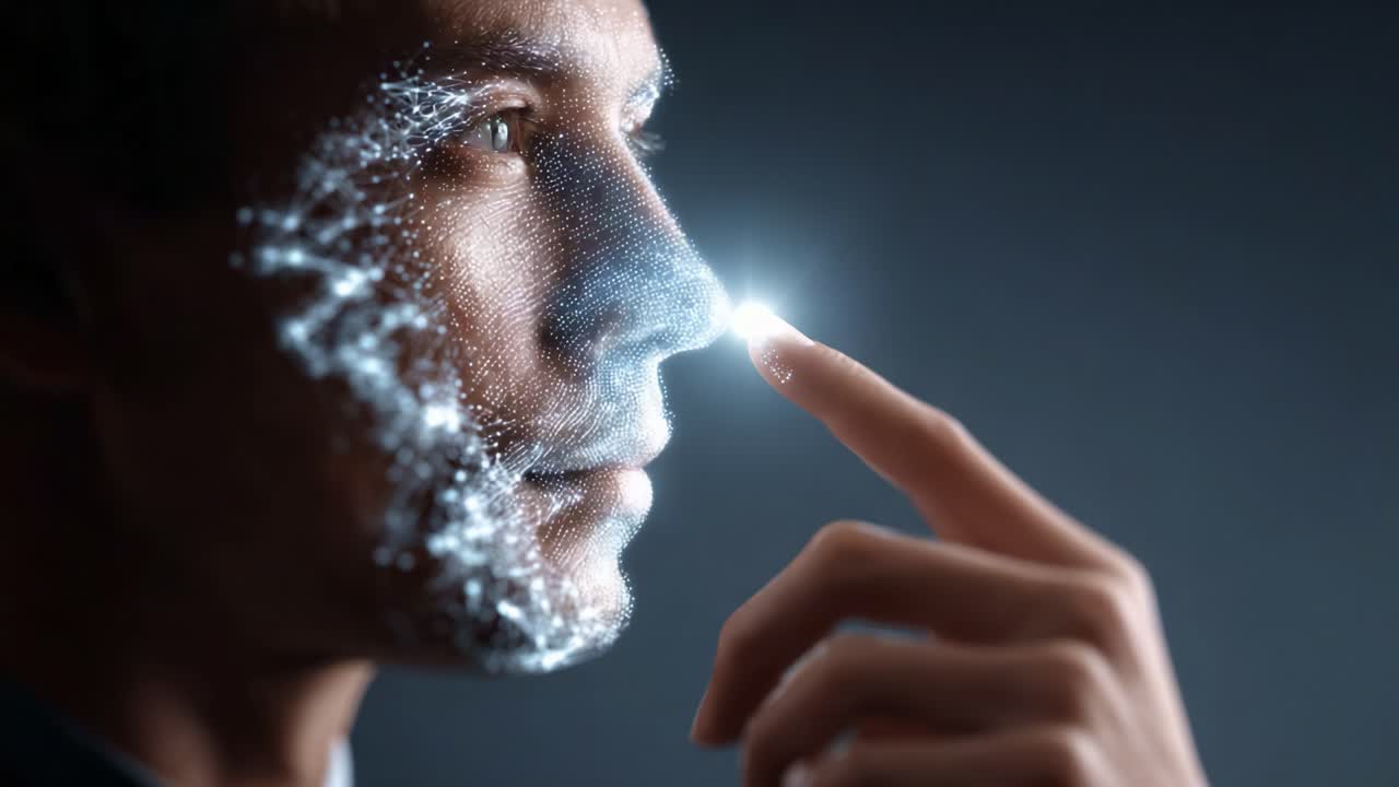 A Futuristic Portrait of a Man Interacting with Digital Light on His Face, Representing Technology, Innovation, and Human Connection in a Modern Context