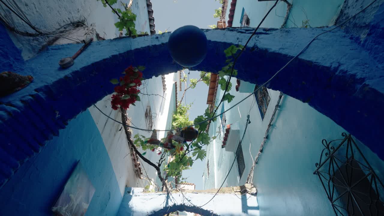 Vines drape over arched blue walls in Chefchaouen’s medina, blending tradition and vivid Moroccan charm.