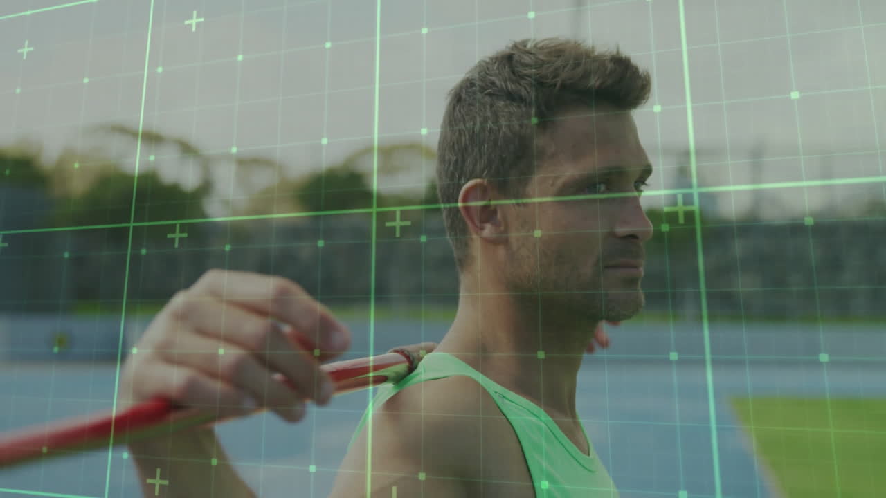 Holding javelin, athlete on sports field with digital animation overlay