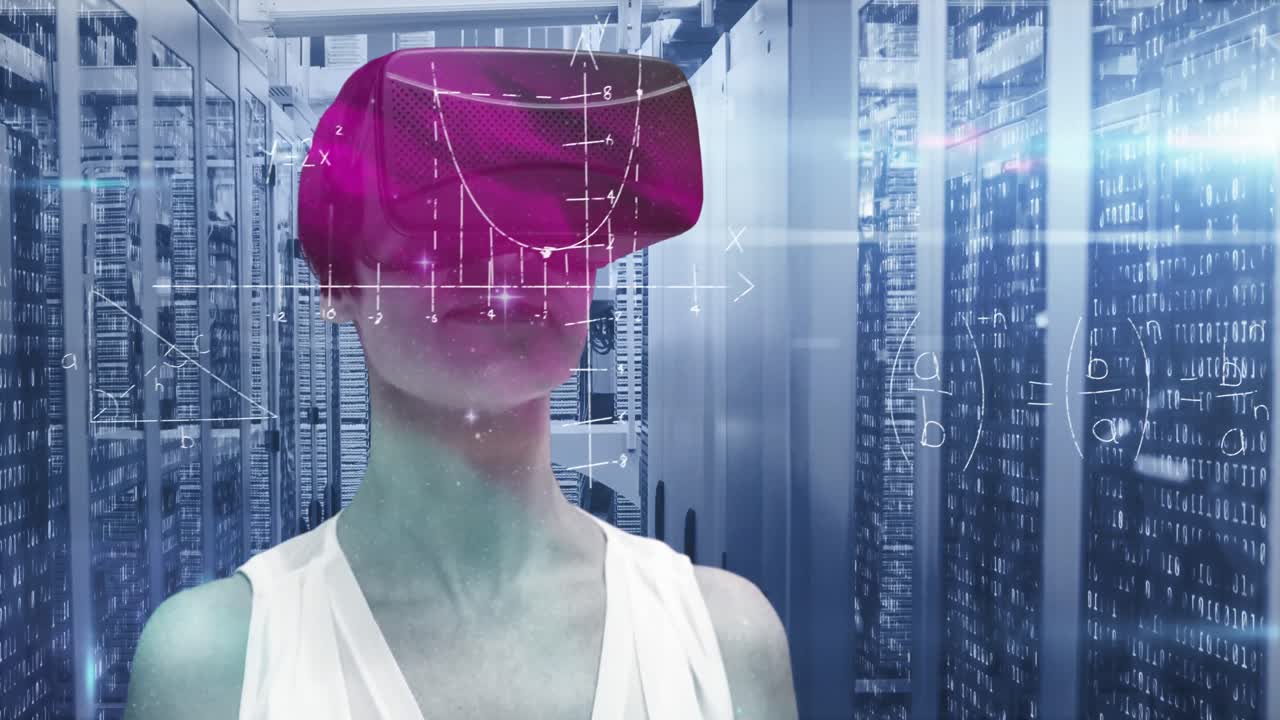Mathematical equations over woman wearing VR headset in computer server.