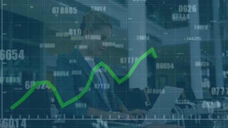 Animación-Del-Procesamiento-De-Datos-Estadísticos-Contra-Una-Mujer-Caucásica-Usando-Una-Computadora-Portátil-En-La-Oficina