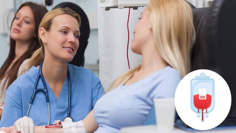 animation of blood bag illustration, over female nurse talking with female donor giving blood