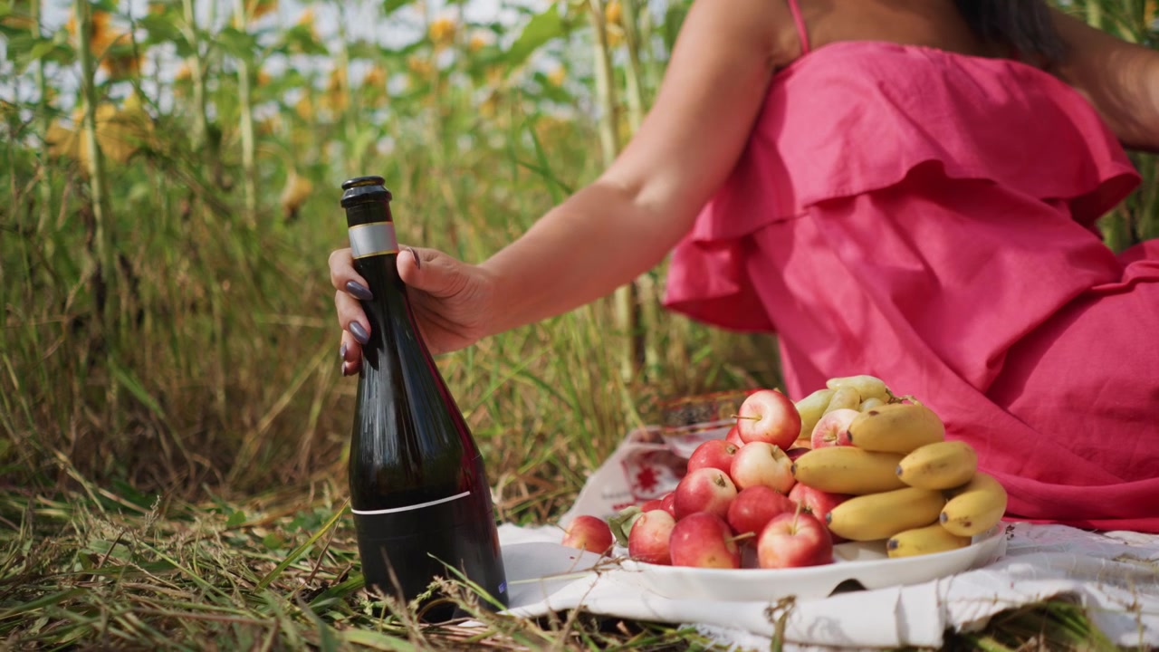 Primo piano di una donna in abito rosa che tiene una bottiglia di vino accanto a un piatto di frutta all'aperto con girasoli. La luce naturale soffusa illumina la scena creando un'atmosfera calda e invitante per un picnic.