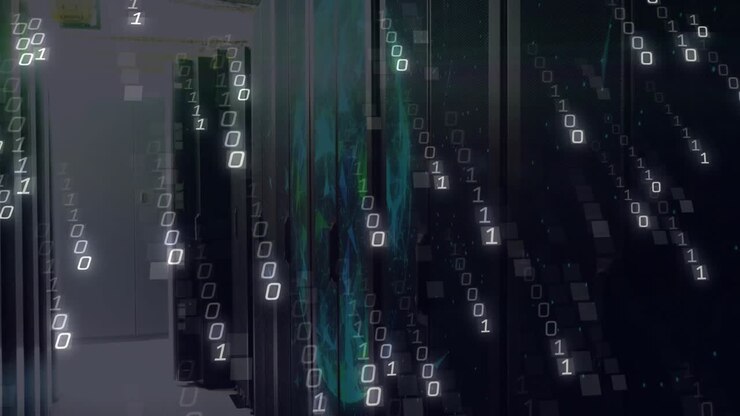 Server cabinets featuring pulsing globe drawing binary streams wrapping around representing data