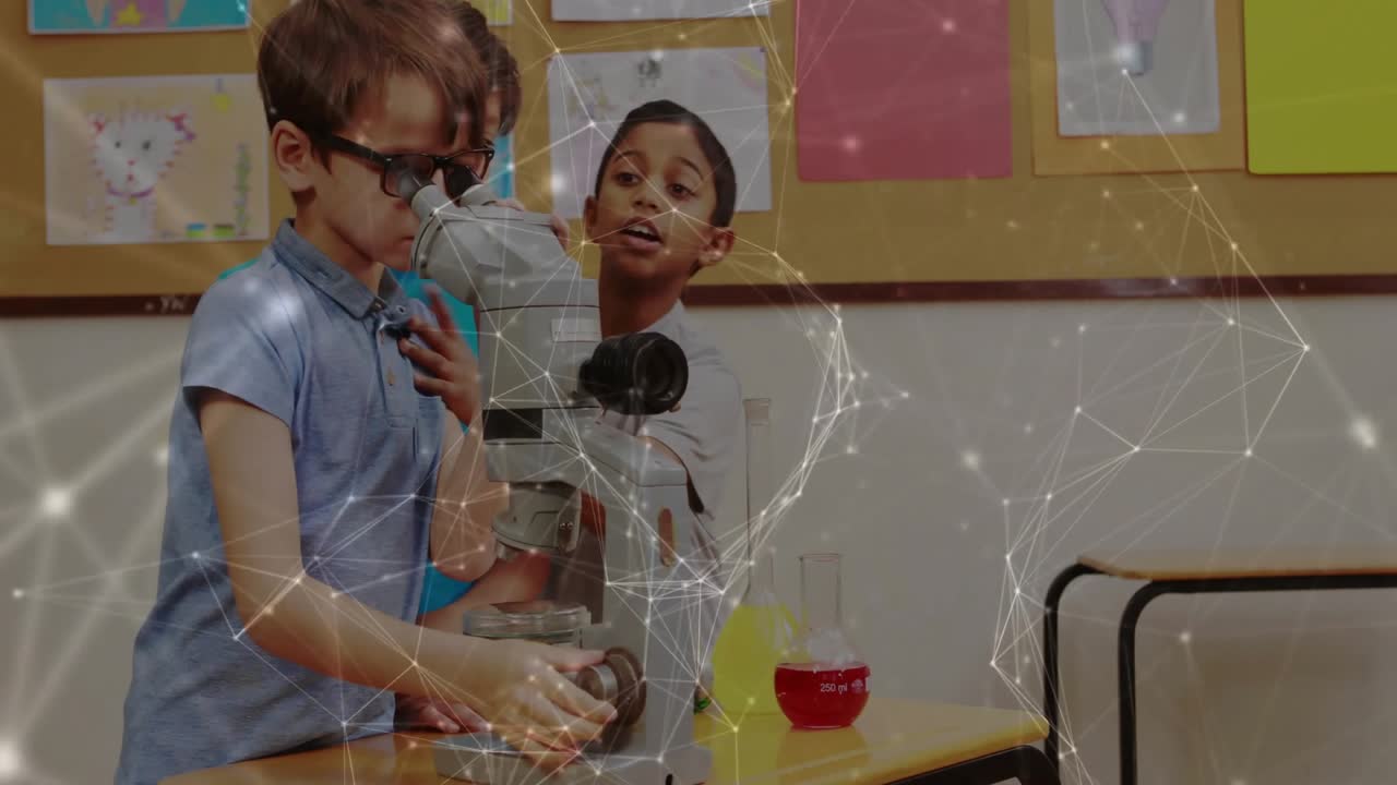 Glasses boy approaching microscope and adjusting focus as classmates pointing flasks for education