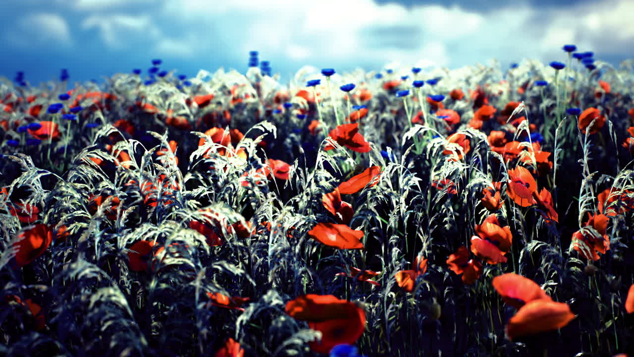 Fargerik mark med ville blomster under en dramatisk himmel i et landlig landskap