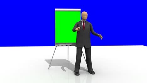 animación por computadora que muestra a un hombre 3d dando una presentación