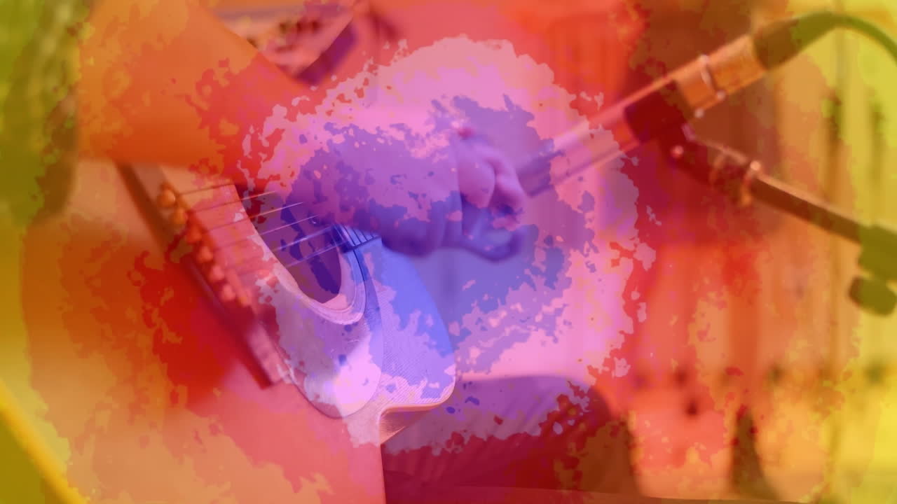 male musician strumming ukulele in lighting showing animated purple green waves in music industry