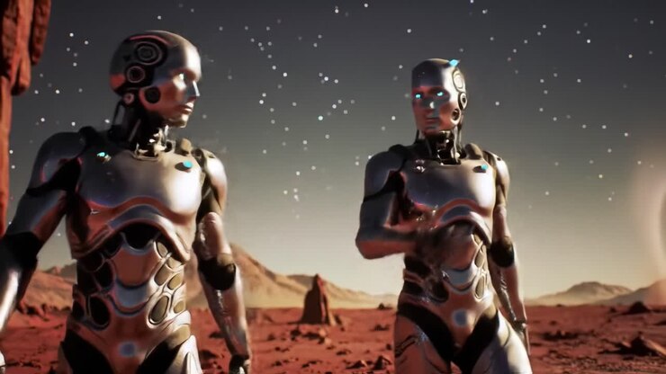 Two humanoid robots traverse the rocky landscape of Mars under a starry sky. The environment features unique geological formations and a distant planet visible on the horizon.