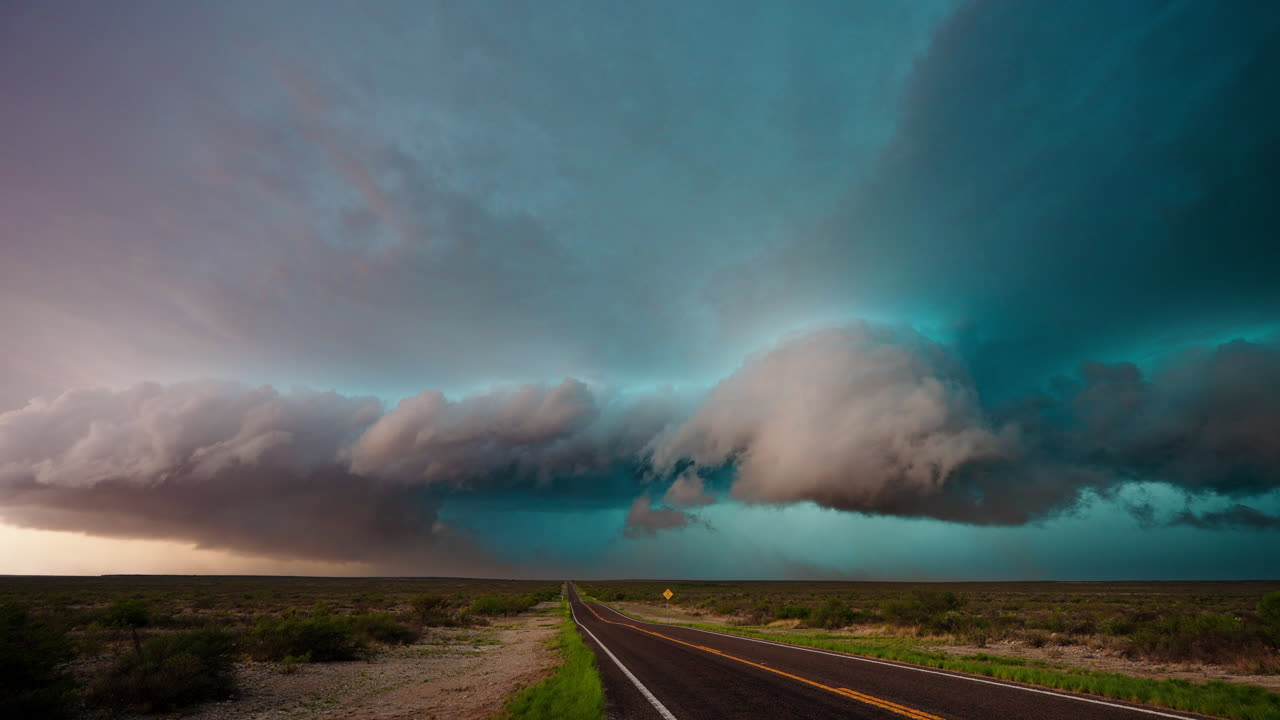 Road under a dramatic storm sky with teal clouds