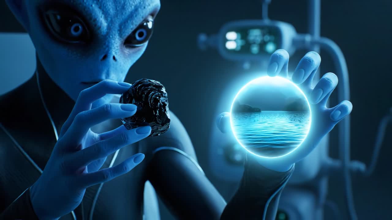 Alien Holding Rock with Sea Image