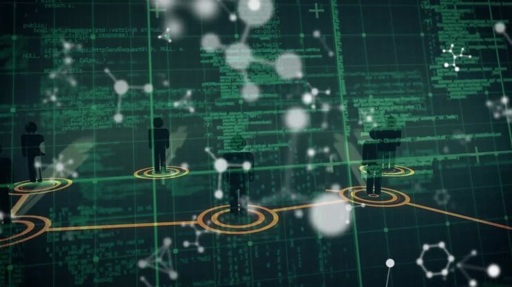 Animation of network of connections with icons over molecules, data processing