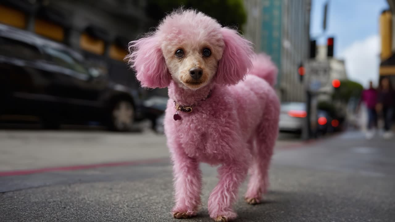Un adorabile barboncino rosa che passeggia per le vie della città, trasmettendo allegria e felicità in un vivace ambiente urbano con veicoli e passanti