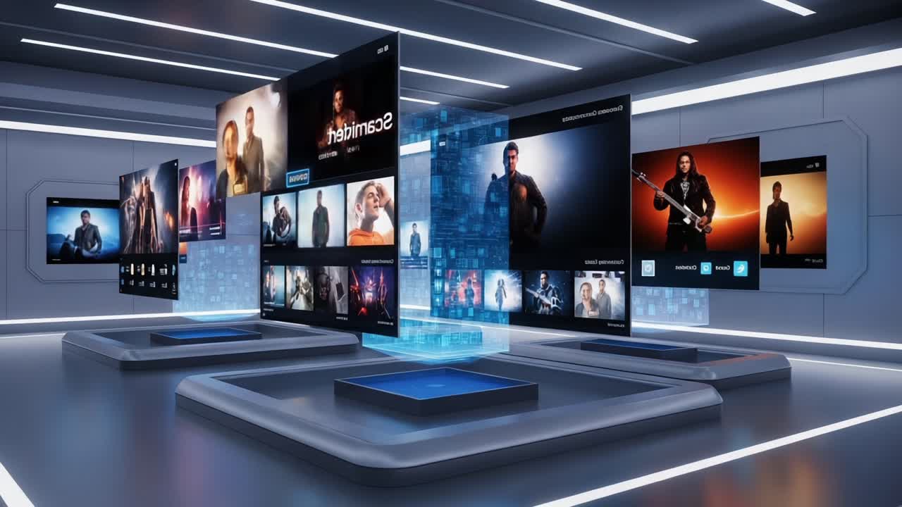 Dynamic Showcase of Digital Media: A Futuristic Display Featuring Diverse Movie Posters and Interactive Screens in a Sleek Modern Environment