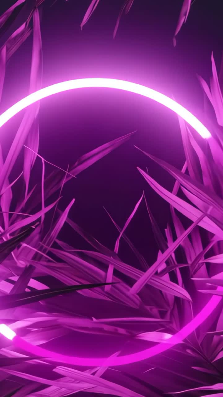 Vertical video: Neon ring fading in then rotating clockwise in dark void, with purple leaves