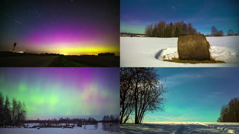 Geteilter-Bildschirm-Des-Winters-Im-Zeitraffer-Von-Aurora-Borealis-Mit-Sich-Bewegenden-Wolken-Und-Weltraumsternen-Am-Himmel,-Einem-Stapel-Heu-Und-Viel-Schnee