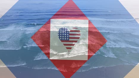animación de la bandera de américa en forma de corazón y cuadrados rojos, blancos y azules sobre una playa soleada y el océano
