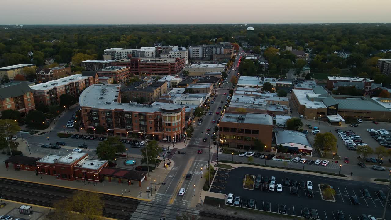 Aerial View of a Suburban Downtown Area at Dusk