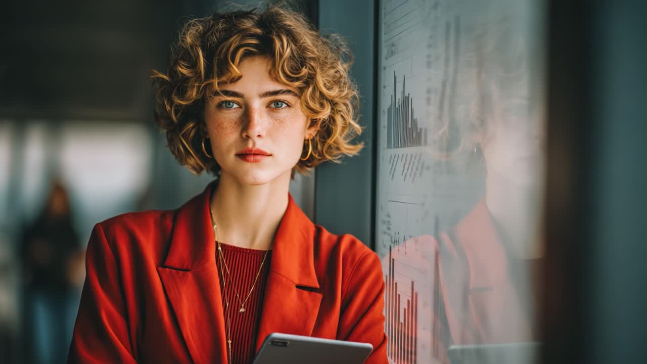 A Young Woman with Freckles and Curly Hair Poses Thoughtfully by a Glass Wall, Reflecting on Her Thoughts with a Smartphone in Hand and Graphs in the Background