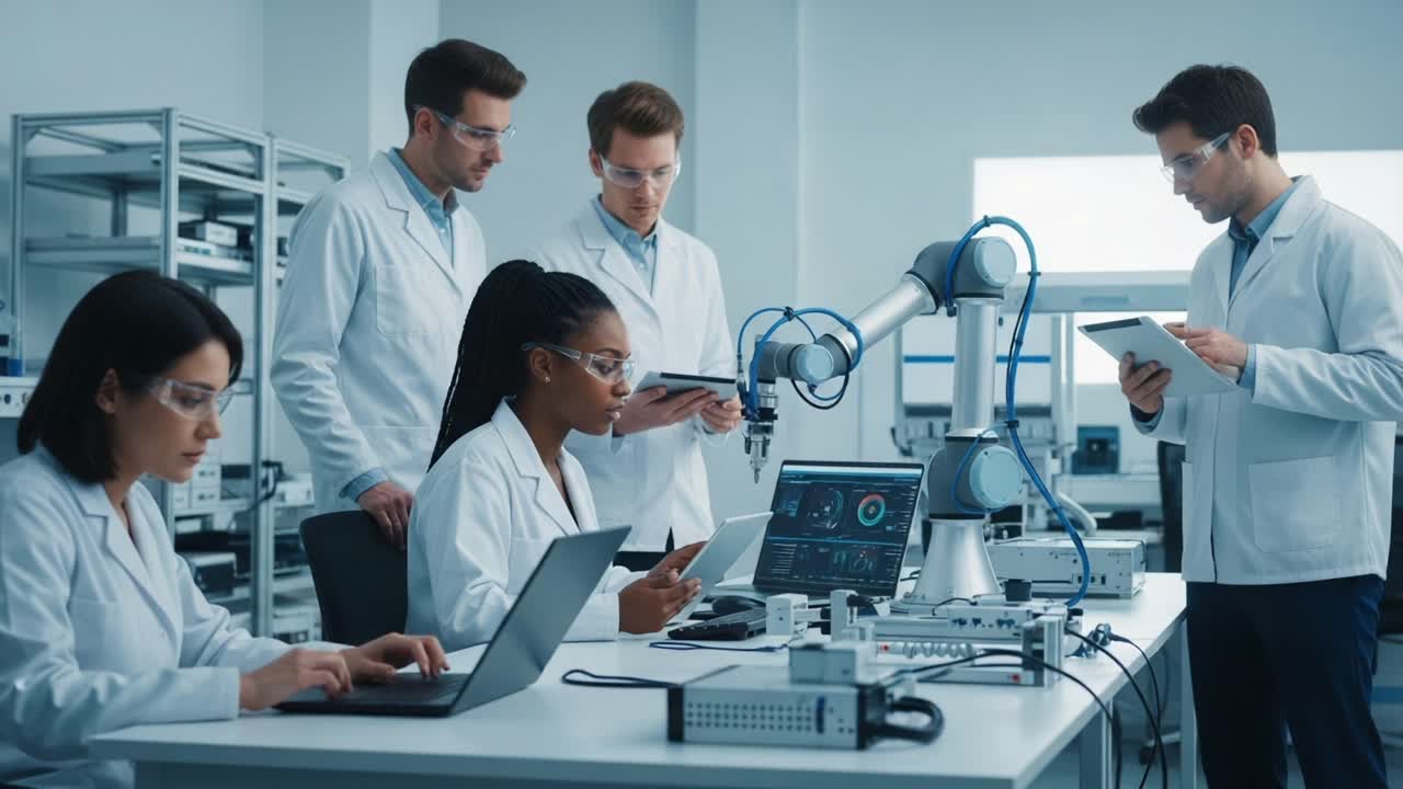 A Collaborative Research Team Analyzes Data and Develops Robotics Solutions in a Modern Laboratory Environment Focused on Innovation and Technology Advancement