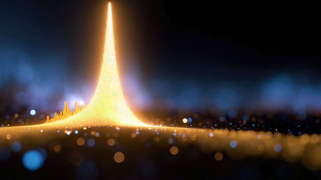 Dynamische, leuchtende Landschaft mit pulsierenden Lichtspitzen und -tälern, die eine abstrakte Welt voller funkelnder Kugeln und brillanter Farbkontraste veranschaulicht