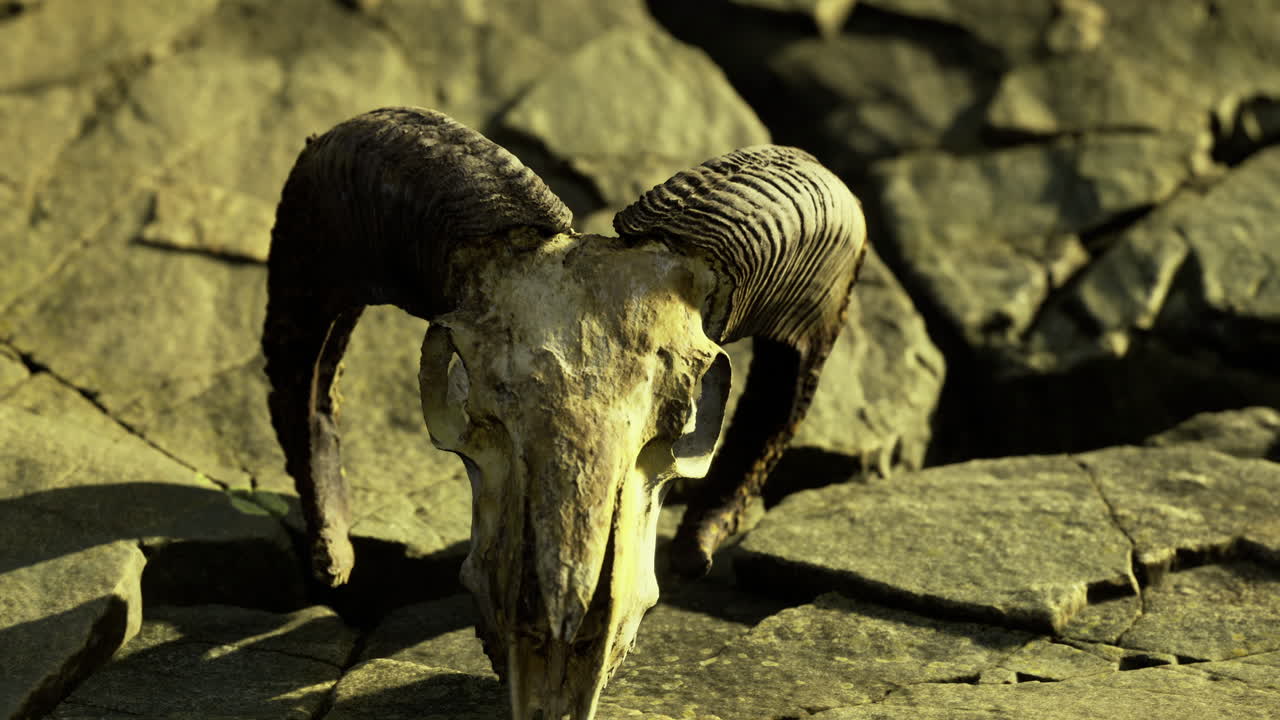 Unique ram skull resting on rocky terrain under sunlight at dawn