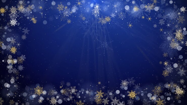 Festive Christmas New Year frame made of golden snowflakes on a blue animated background with small shiny particles. Looped motion graphics.