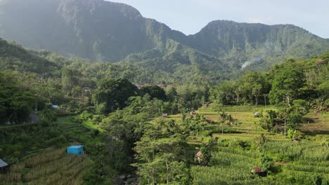 Drone-flying-up-a-mountain-valley-revealing-big-mountains-in-the-background