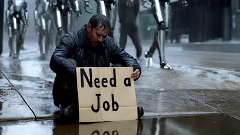 unemployed man with a sign in the rain