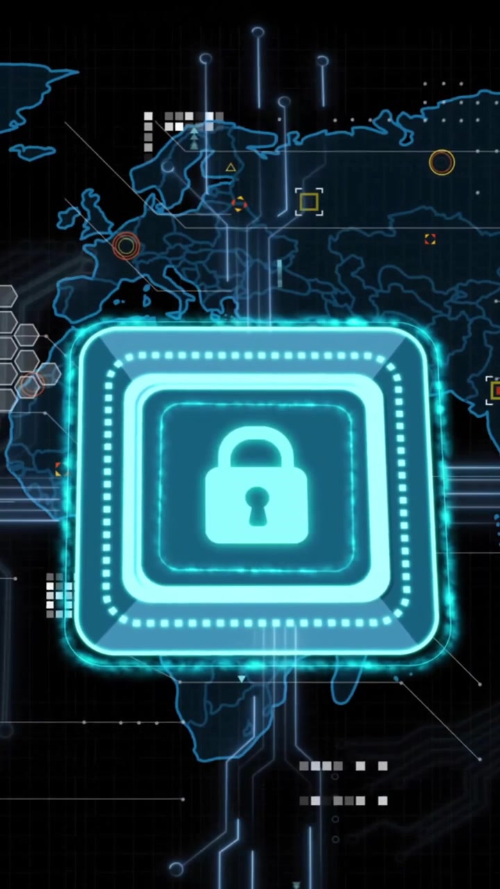 Animation of padlock, digital data processing over computer circuit board