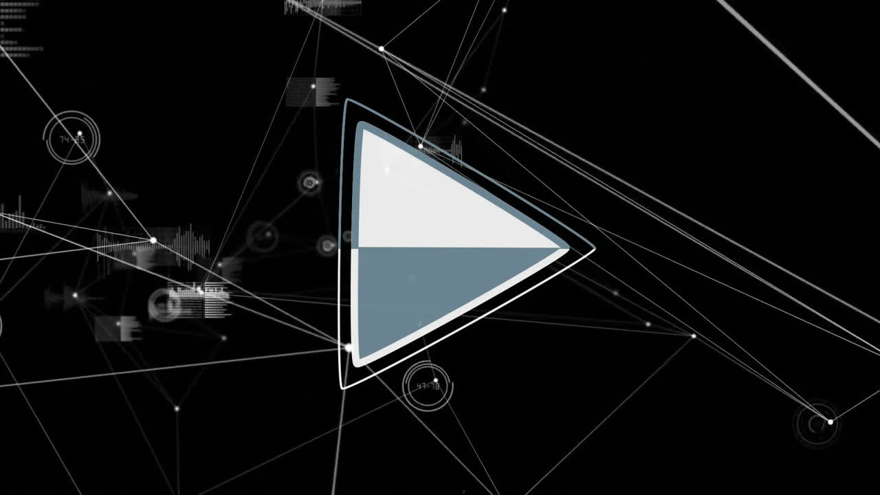 animación del icono de reproducción sobre el procesamiento de datos y las conexiones en fondo negro