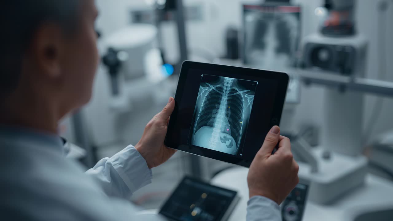 Holding female doctor adjusting tablet while inspecting chest X-ray in imaging suite wearing coat
