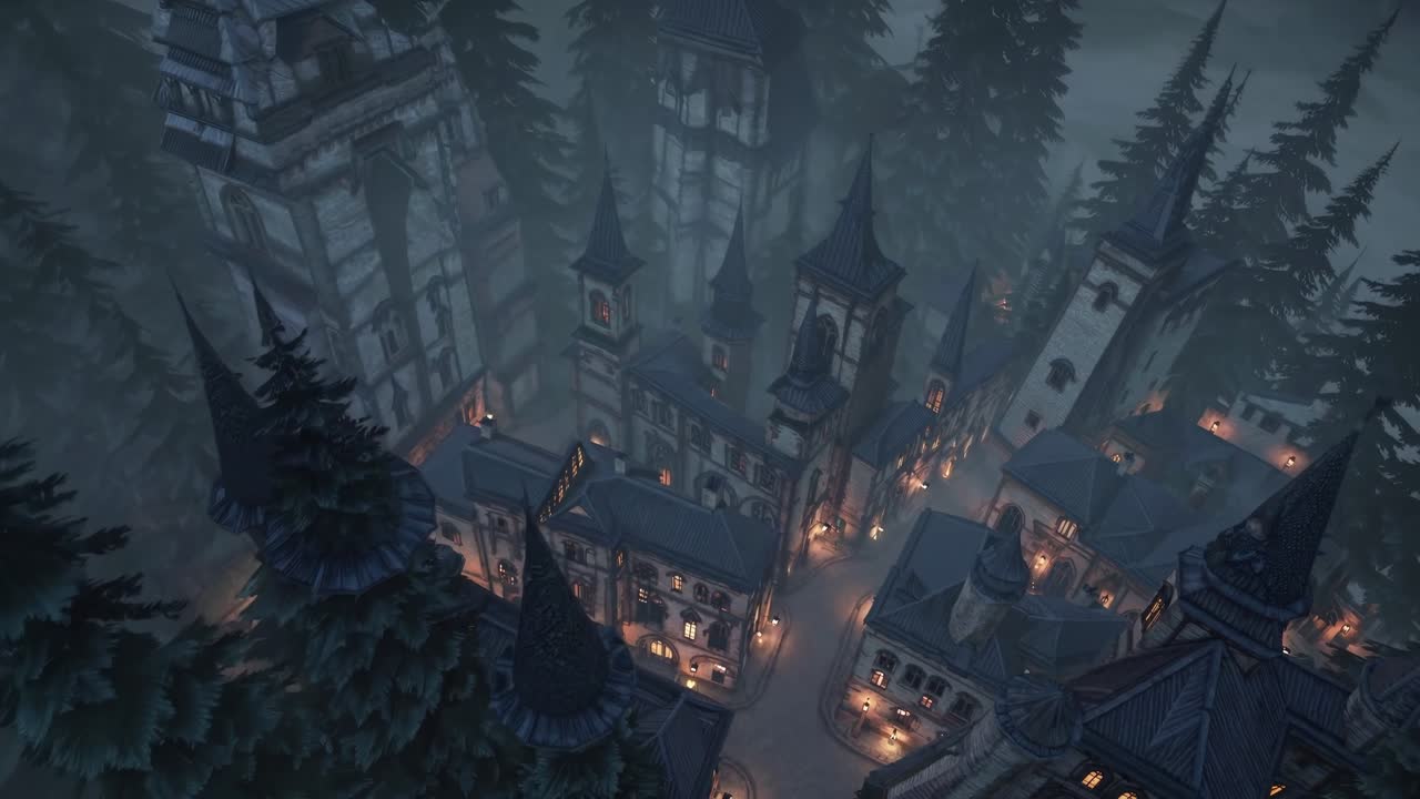 Tall spires and towers of a gothic village are emerging from a dark foggy forest covering the mountain slopes at twilight, creating a mystical and fantasy atmosphere