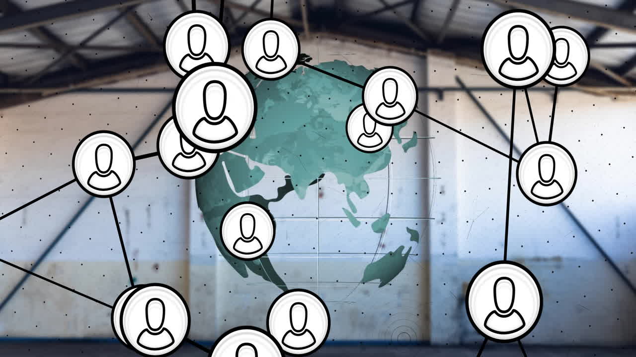 데이터 처리 및 전 세계 아이콘을 가진 연결 네트워크의 애니메이션