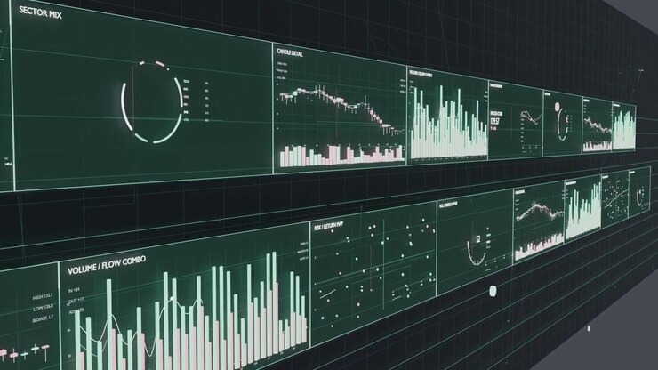 Panning camera past two-row data wall in gallery, showing charts, gauges, markers for monitoring