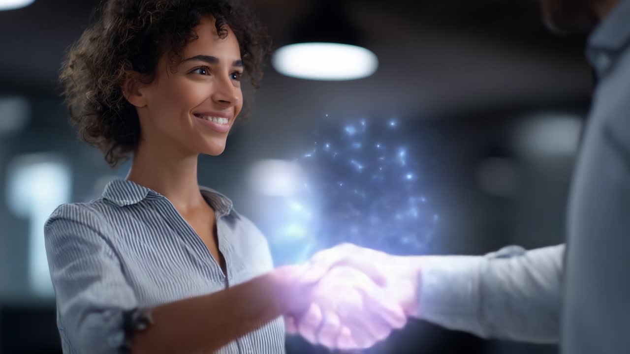 A joyful businesswoman is engaging in a confident handshake, showcasing professionalism and collaboration in a modern office environment filled with creativity