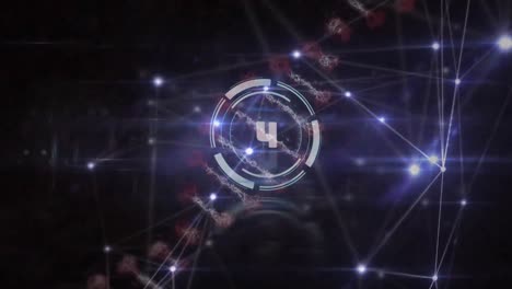 countdown timer over dna structure spinning against network of connections on black background