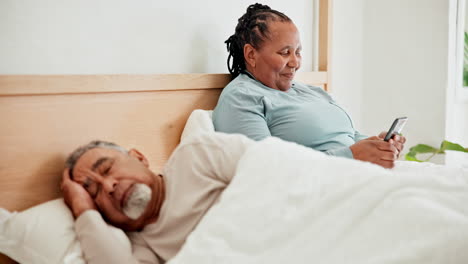senior couple, phone and woman texting next to