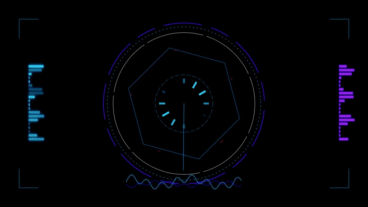 Futuristic Digital HUD Interface with Rotating Hexagon and Data Graphs