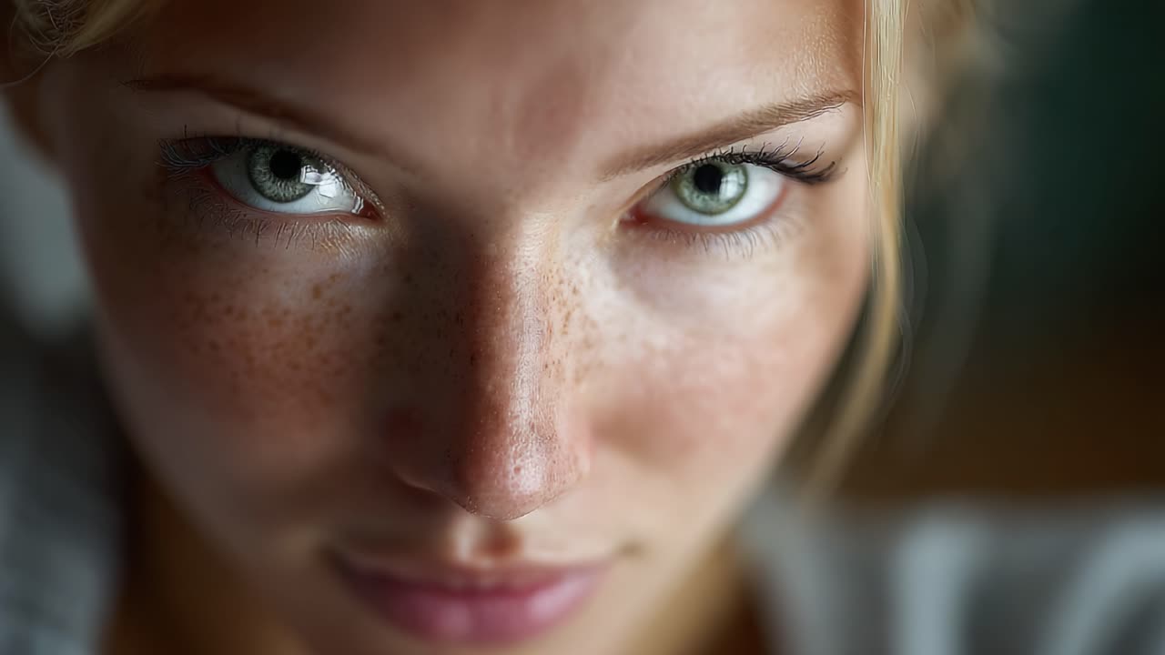 A Close-Up Portrait Showcasing Intense Green Eyes and Unique Freckle Patterns, Capturing Emotions and the Beauty of Natural Features in Soft Lighting