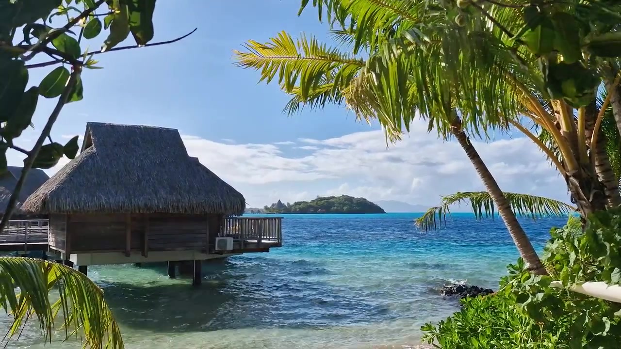Bora Bora Island, French Polynesia, Overwater Bungalow, Turquoise Lagoon and Green Tropical Lush