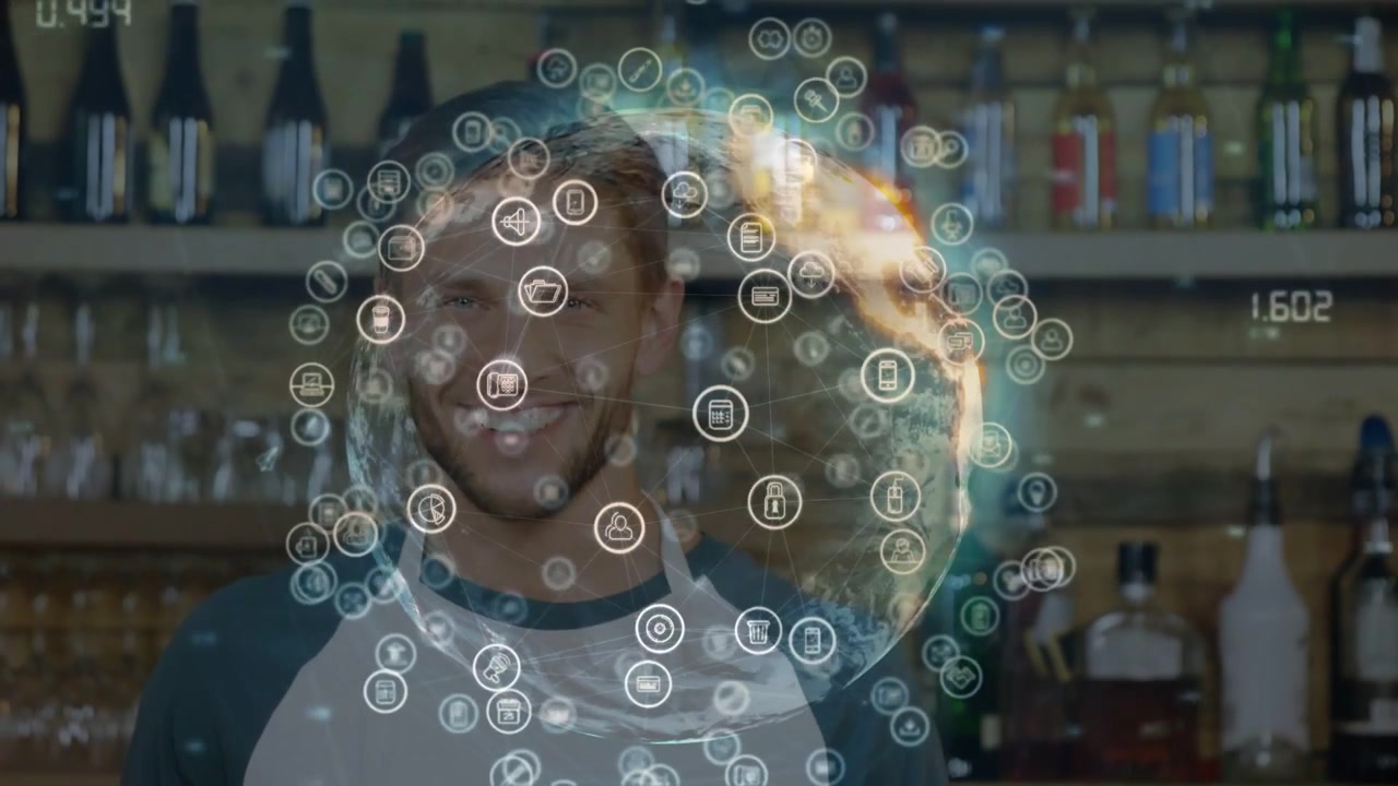 Barista holding 'Open', lowering and smiling while rotating globe causing icons halo revealing cafe