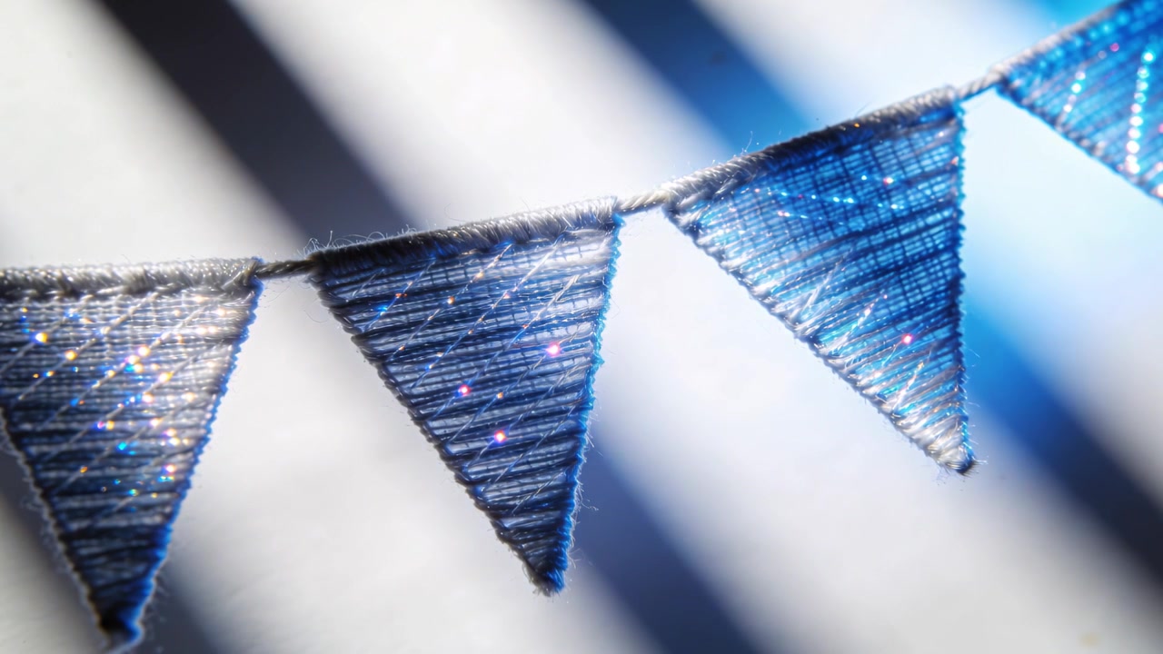 Una ghirlanda di bandierine triangolari blu ondeggia e brilla alla finestra, con la luce che si sposta sul filo glitterato e sulle tende.