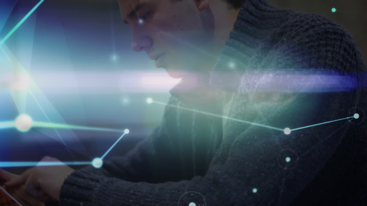 Animation of networks of connections with icons over man using tablet