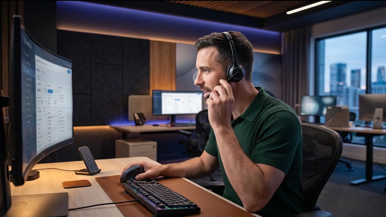 Kundesupportmedarbejder med headset arbejder ved computerbord